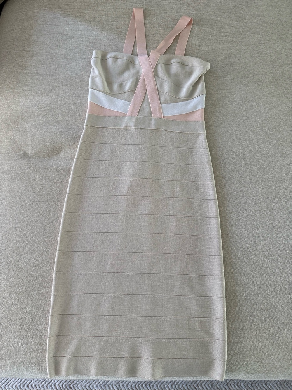 Bebe Bandage Midi Dress in Light Beige and Blush Pink